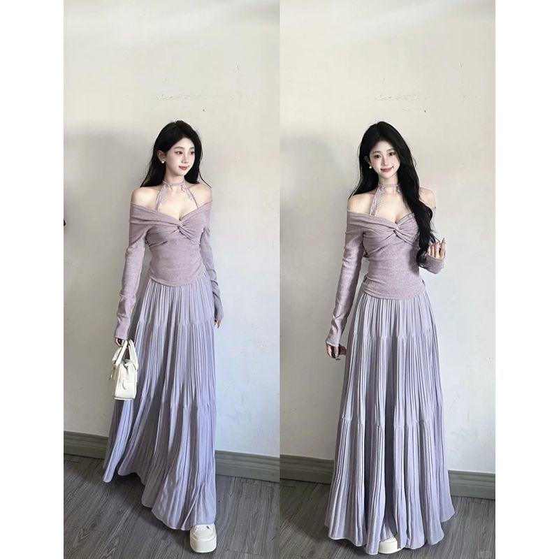 レディース 半身スカート 紫 春夏 雪纺 ポリエステル ロングスカート フレア プリーツ ゆったり 切り替え 無弾性 甘め 爽やか 百褶 膝..