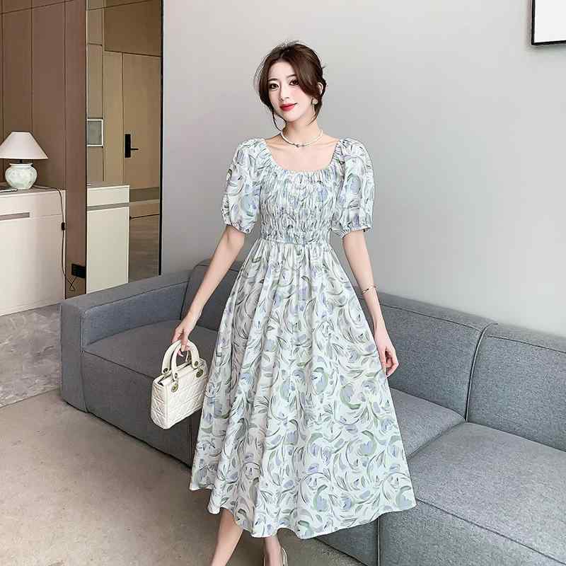 ワンピース レディース 半袖 ひざ丈 Aライン 湖水ブルー 花柄 ساحرة シフォン ギャザー スクエアネック ウエストシェイプ 通勤 リゾート