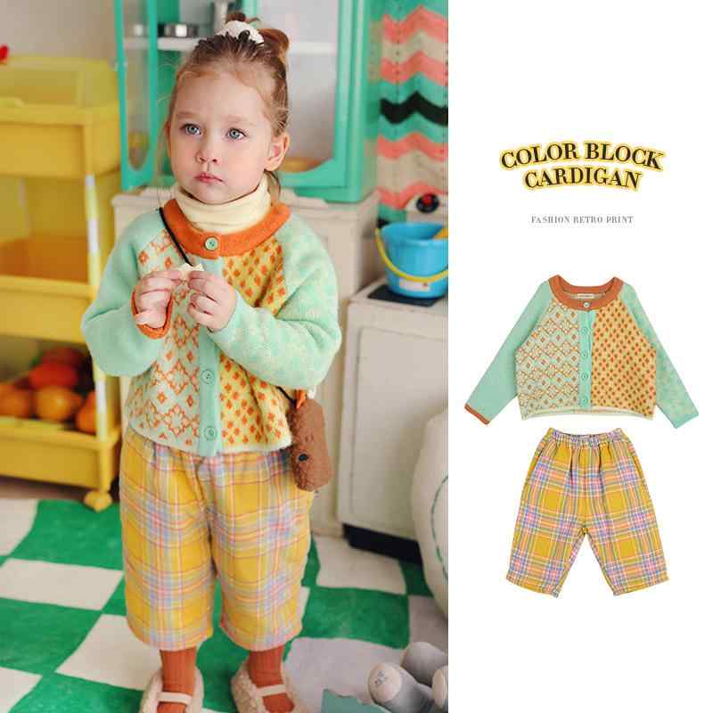 ニット キッズ 秋冬 カーディガン 子供服 女の子 長袖 トップス 花柄 提花 厚手 ニットカーディガン 綿100％ かわいい 普段着 通園 通学 青緑 イエロー 80 90 100 110 120 130 140