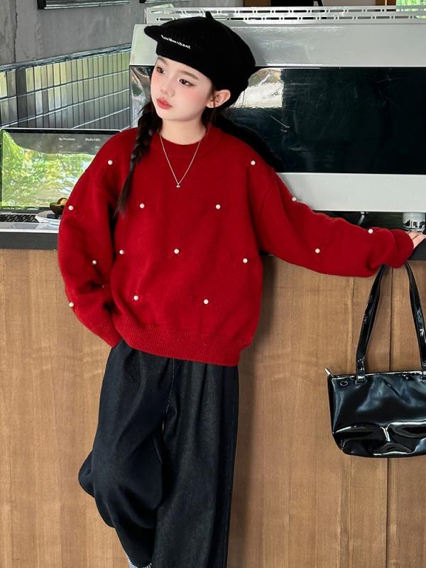 ニット セーター ガールズ 子供服 秋冬 厚手 ニット トップス 長袖 プルオーバー 女の子 カジュアル かわいい 普段着 通学着 アンゴラレッド