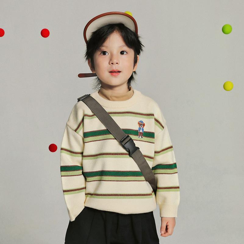Cardigans - 子供服 セーター 冬物 男の子 女の子 厚手 ストライプ ニット 丸首 トップス 長袖 90cm 100cm 110cm 120cm 130cm 140cm かわいい 普段使い 韓国風