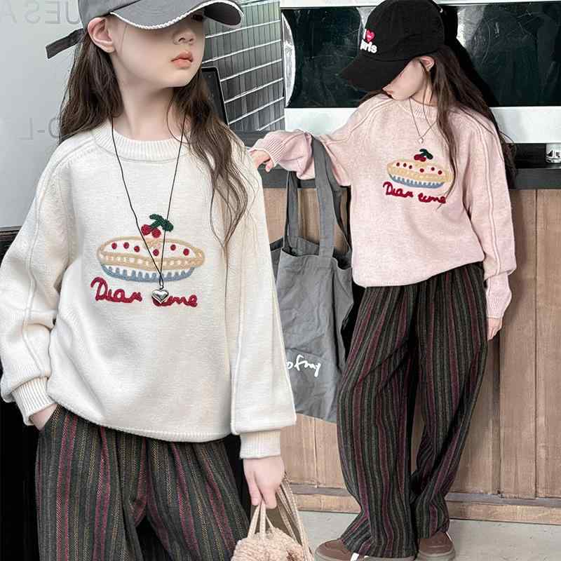 ニット セーター ガールズ キッズ 子供服 女の子 秋冬 トップス 長袖 プルオーバー 丸首 接触冷感 吸湿速乾 かわいい 韓国風 ゆったり 普段着 通学着 ベージュ ピンク系 120cm 130cm 140cm 150cm 160cm 170cm