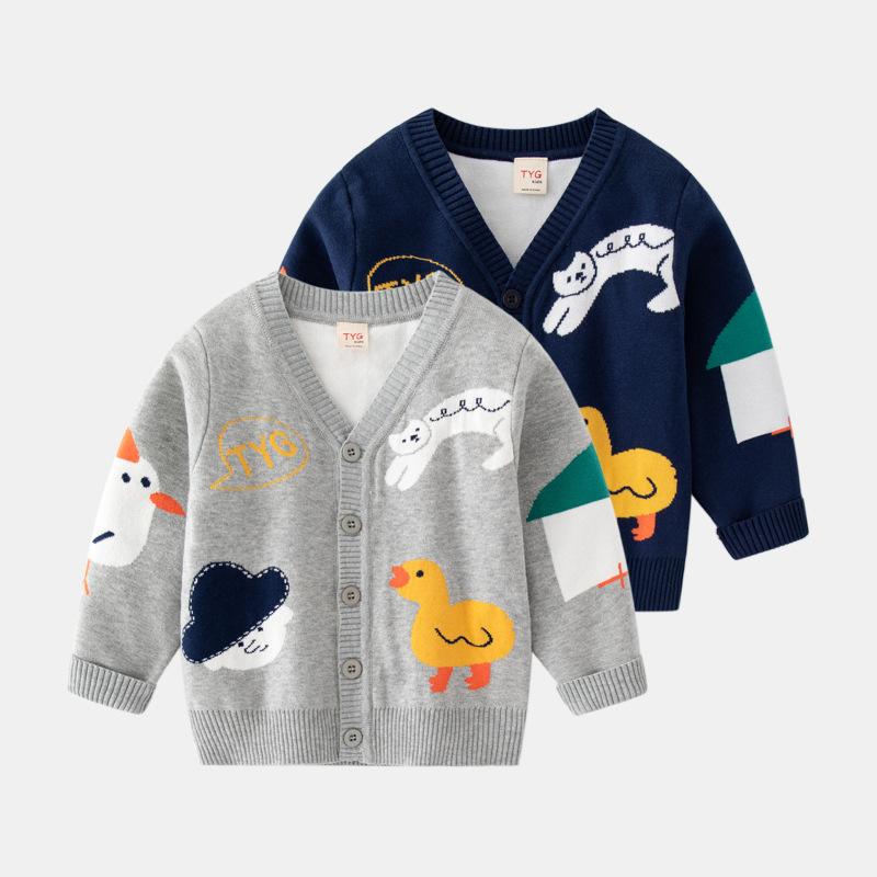 Cardigans - 子供服 ニット カーディガン 男の子 長袖 コットン 動物柄 Vネック 厚手 秋冬 90 100 110 120 130 cm ベビー キッズ おしゃれ かわいい 普段着