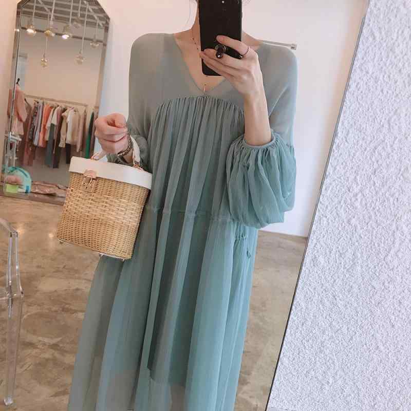 ワンピース レディース 春秋 Vネック シフォン Aライン ロング丈 ゆったりサイズ ...