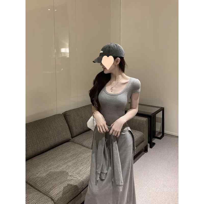 ワンピース レディース 半袖 ミニ丈 ミディ丈 灰色 グレー 無地 タイト セクシー スタイル アップ スリム ウエスト シェイプ 普段使い デート リゾート