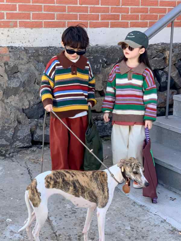 子供服 セーター 男の子 女の子 リブ襟 ストライプ ニット トップス かわいい キッズ カラフル プルオーバー 通園 通学 普段使い 綿 秋