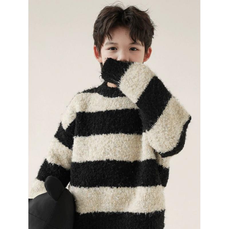 Cardigans - ニット キッズ 男の子 冬 裏起毛 セーター 子供服 長袖 防寒 暖かい ボーダー トップス 110 120 130 140 150 160 170
