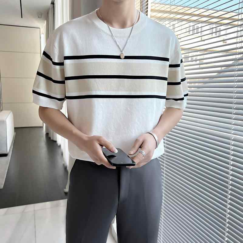 Tシャツ 男性用 半袖 薄手 韓国風 ボーダー 配色 ニット 接触冷感 トップス カジュアル