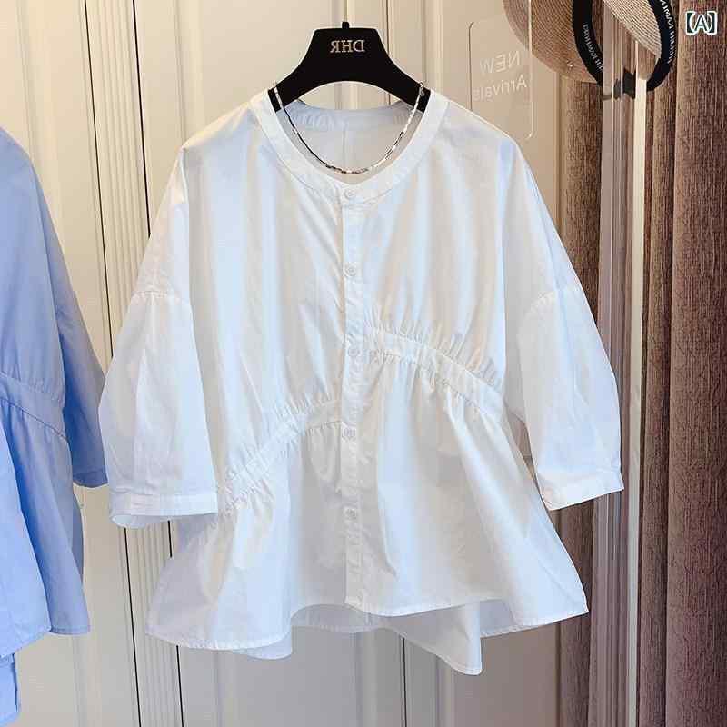 シャツ レディース 韓国風 ゆったり アシンメトリー 切り替え ギャザー ブラウス トップス 綿混紡 無地 ラウンドネック ノースリーブ プリーツ ホワイト 白 ブラック 黒 ブルー 青 私服 お姉系