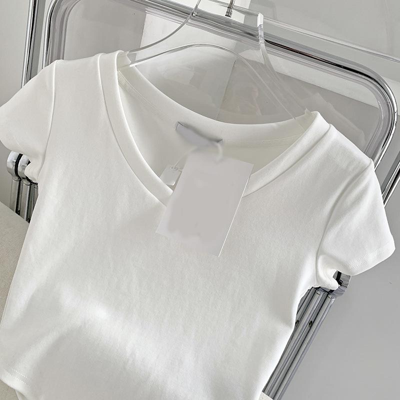 Tシャツ レディース 白色 Vネック 半袖 トップス 綿 90% スパンデックス 10% 短め 丈 上品 きれいめ カジュアル