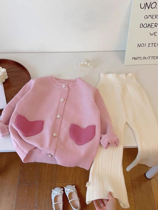 ニットカーディガン キッズ 女の子 子供服 長袖 丸首 ハート柄 ピンク系 かわいい ...