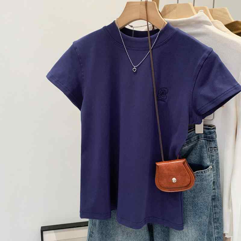 乐天商城 - Tシャツ レディース 韓国風 きれいめ 刺繍 ラウンドネック 半袖 カットソー トップス 綿100% 夏 黒 白 グレー 青紫 通勤