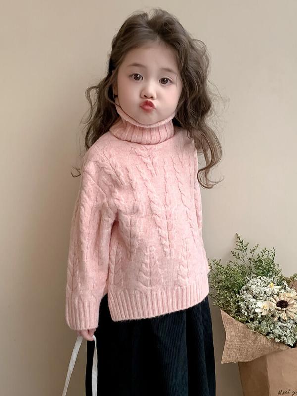 子供用ニット セーター ガールズ トップス 秋冬 厚手 ニットセーター ハイネック 女の子 かわいい 普段使い 韓国風 ミルクホワイト ピンク系