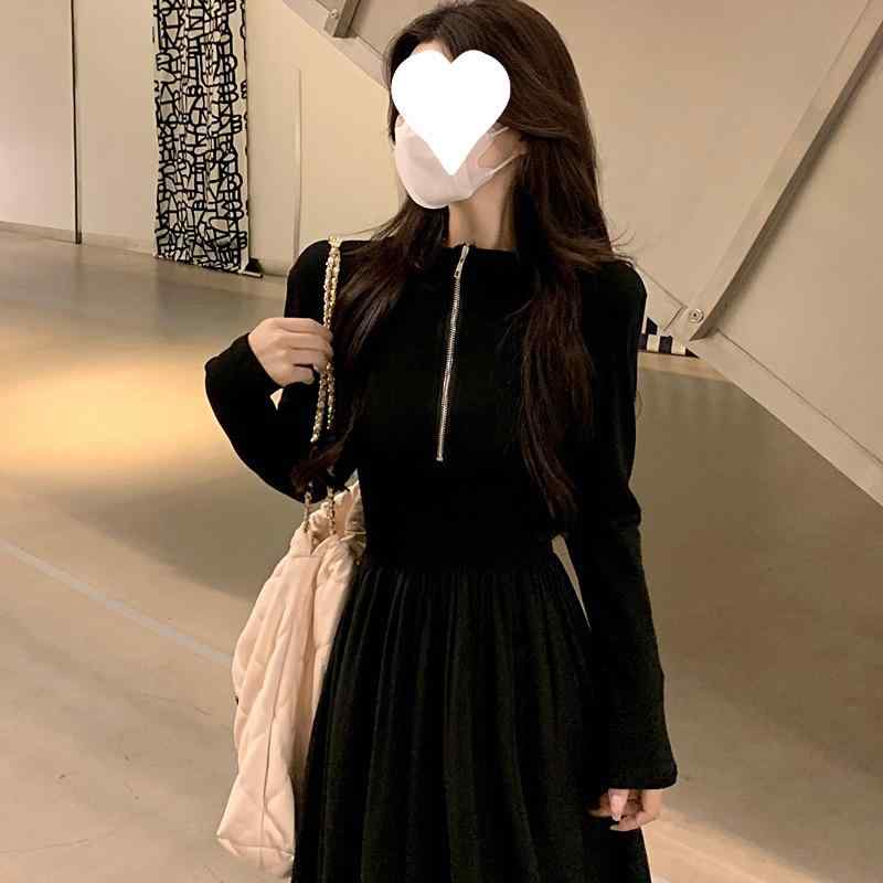 ワンピース レディース 長袖 ハーフジップ ハイウエスト 黒 膝丈 少女風 かわいい ガーリー ポリエステル