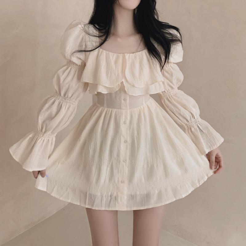 ワンピース レディース 春夏 半袖 パフスリーブ Aライン 膝丈 無地 ゆったり かわいい フェミニン ガーリー デート お出かけ 旅行 おしゃれ