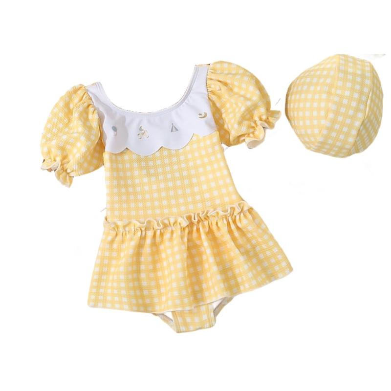 [Ymgot] ベビー 水着 女の子 ワンピース キッズ 水着 オールインワン キャップ付き 子供水着 フリル かわいい 日焼け対策 水遊び 温泉