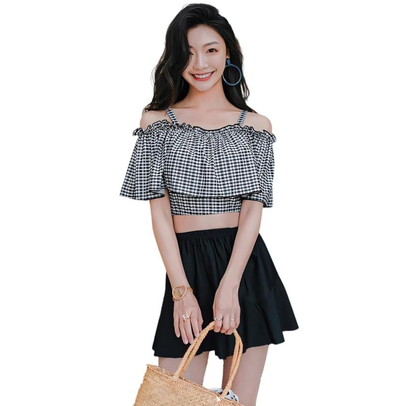 [Akihee] 水着 体型カバー レディース タンキニ 格子 チェック柄 ビスチェ風 ビキニセット フィットネス 肩出し スカート フリル 夏 可愛い水着 上下セット 水陸両用 パット付き 2点セット