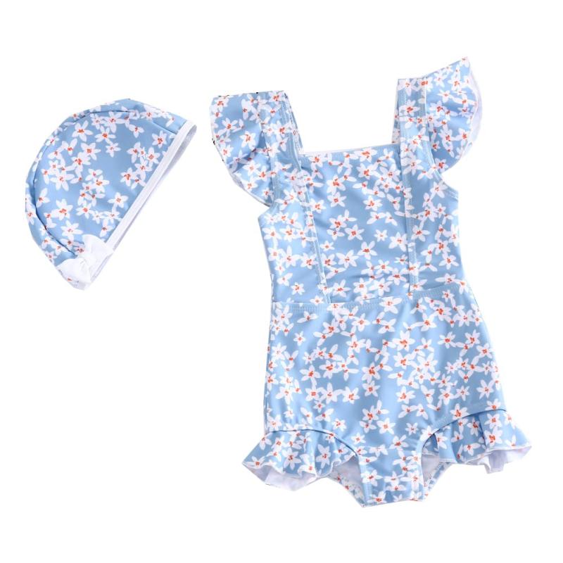 [Yolrky] キッズ 水着 女の子 ワンピース 花柄 キッズ 水着 女の子 ロンパース リボン キャップ付き 水泳