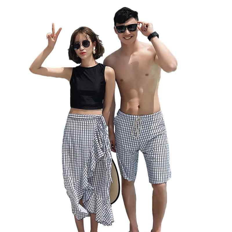 [WJ-SISI] ペア水着 カップル 水着 レディース タンキニ 体型カバー ペアルック水着 サーフパンツ メンズ ハイネック バッククロス セパレート ノンワイヤー ショーツ チェック柄