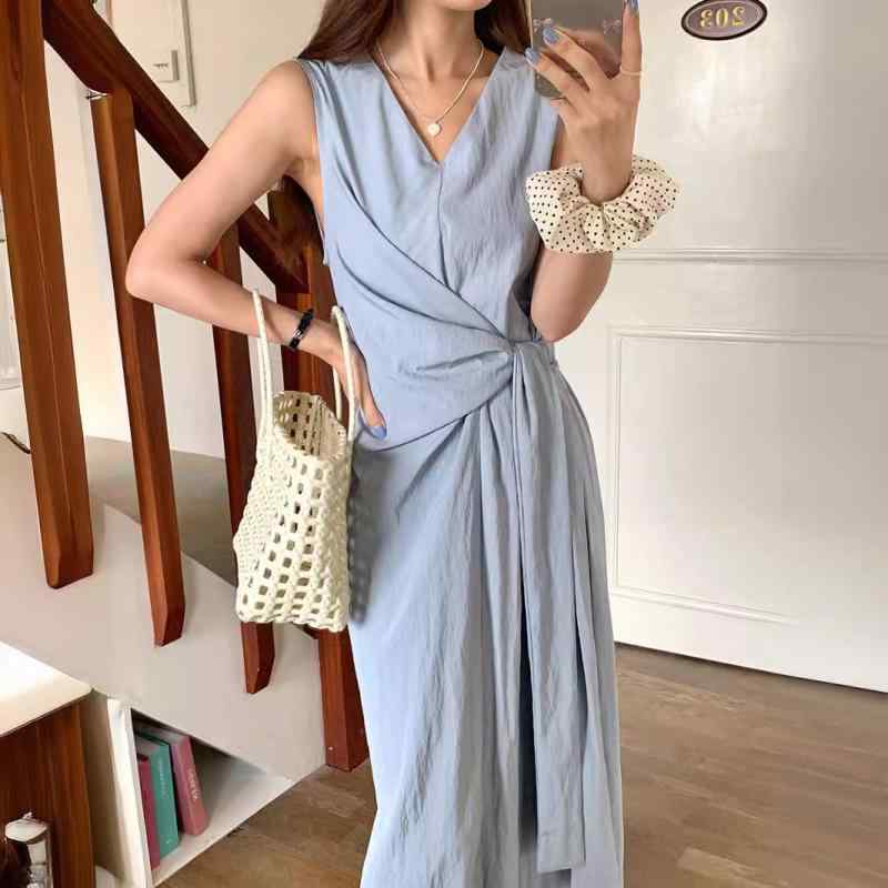 ワンピース レディース 韓国風 Vネック ノースリーブ Aライン ロングワンピース 杏色 ブルー ブラック きれいめ エレガント フェミニン お洒落 無地