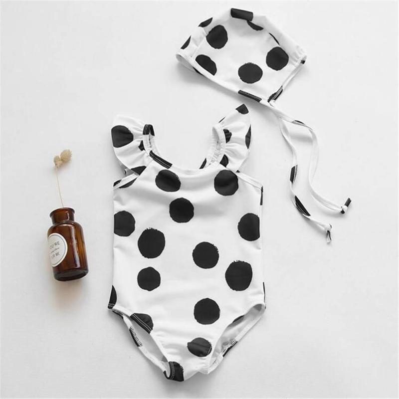 BQuel ベビー 水着 水玉 ワンピース スイムウエア ガールズ キャップ付 女児 キッズ 海水浴 プール 水遊び 温泉用