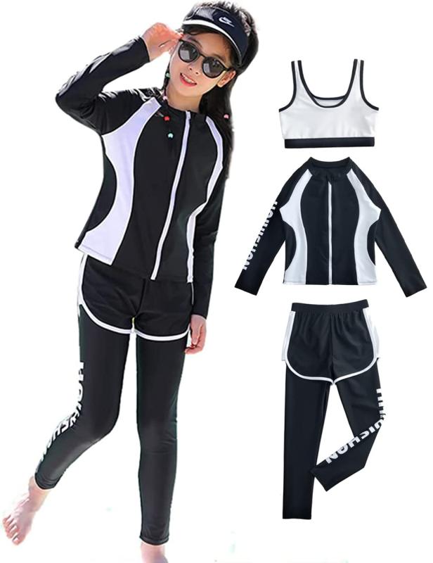 [AILITI] 水着 キッズ 女の子 ラッシュガード 長袖 セパレート 3点セット ガールズ 小学生 子供用 スイムウェア 前開き プール 水泳 海水浴 UVカット UPF50+ 水陸両用