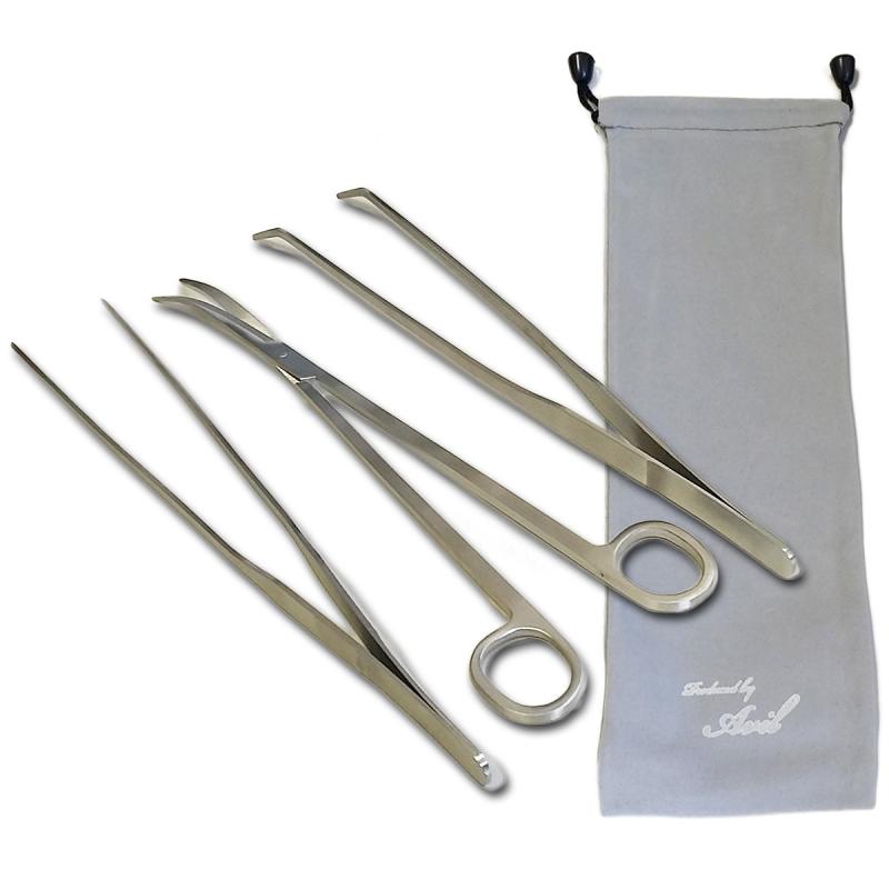 AVIL 水草トリミング 3点 セット ハサミ ピンセット (ストレート・カーブ) 水槽管理 ステンレススチール製 収納袋付き