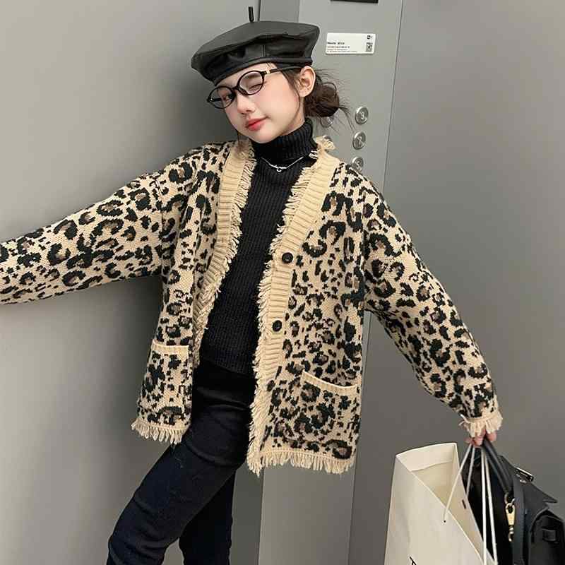 子供服 ニット カーディガン 女の子 秋冬 ヒョウ柄 Vネック 長袖 ニットトップス ...