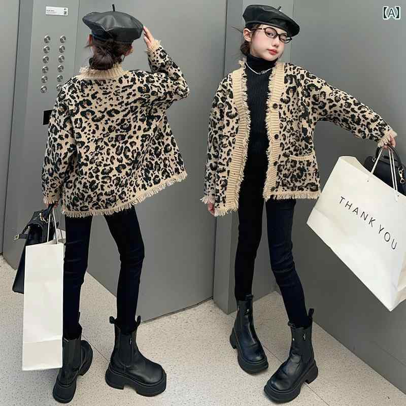 子供服 ニット カーディガン 女の子 秋冬 ヒョウ柄 Vネック 長袖 ニットトップス ...