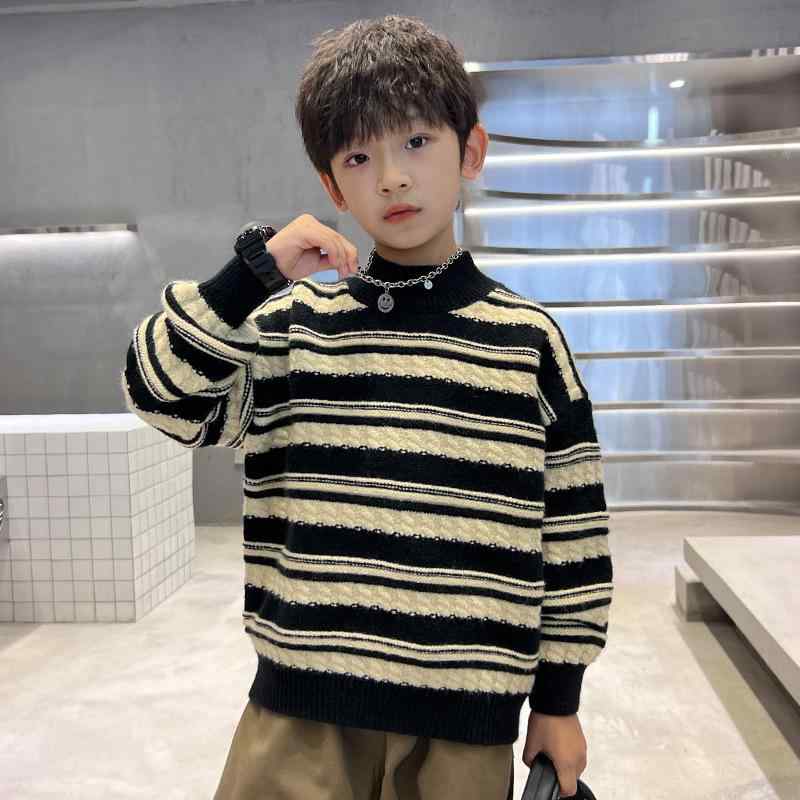 Cardigans - ニット キッズ 男の子 冬服 韓国風 子供服 セーター ストライプ 配色 かわいい 潮 中学生 高学年 厚手 暖かい 普段使い