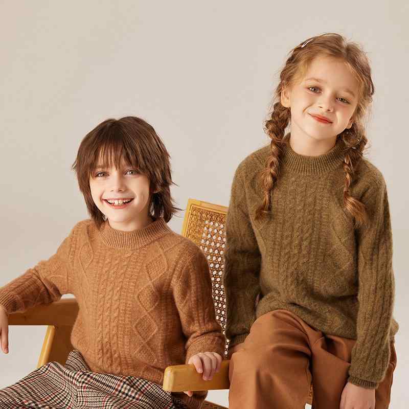 ニット キッズ 子供用 カシミヤ セーター 秋冬 男の子 女の子 クルーネック プルオーバー 厚手 無地 110cm 120cm 130cm 140cm 150cm 160cm 170cm 金キャメル モネグリーン レモンイエロー 青みがかったベージュ