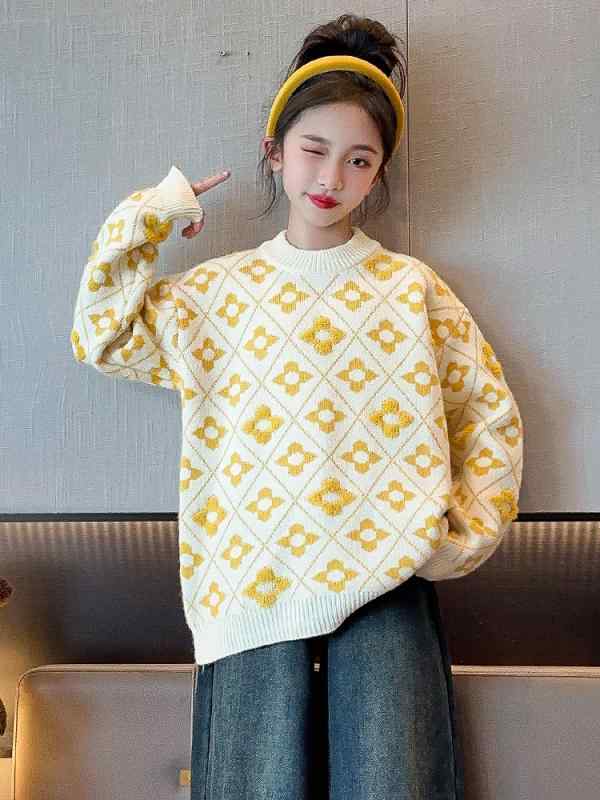 Cardigans - ニット・セーター ガールズ 子供服 秋冬 長袖 厚手 ニット プルオーバー トップス 女の子 かわいい 通学 普段着 ピンク系 イエロー