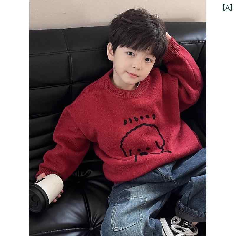 ニット・セーター キッズ 男女兼用 子供服 トップス 長袖 秋冬 春 韓国風 かわいい おしゃれ 普段着 新年 お正月 発表会 記念写真 撮影用 暖かい 防寒 ポリエステル 赤 グレー