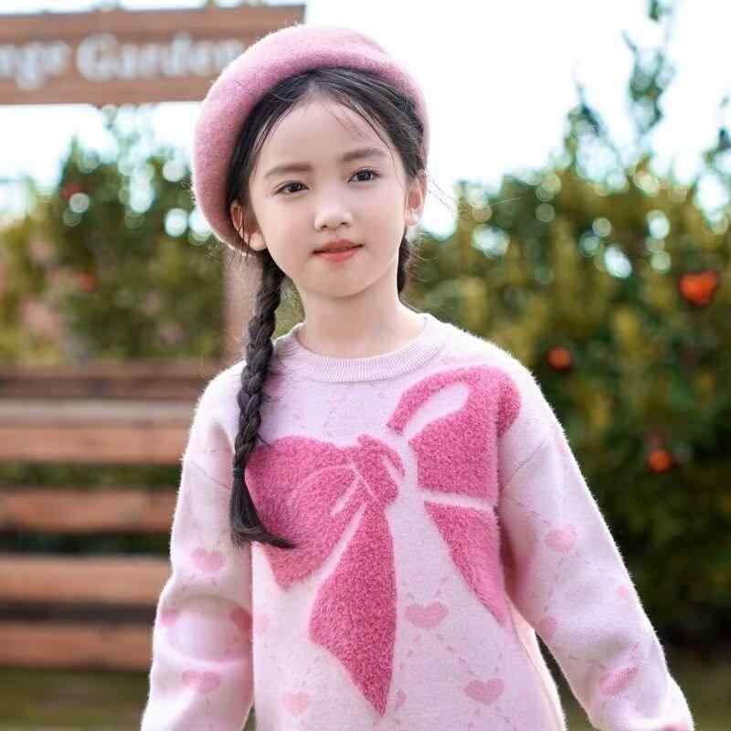 羊毛衫 - 子供服 ニット 秋冬 女の子 セーター トップス 中学生 高学年 長袖 丸首 かわいい ガーリー プルオーバー 普段着 部屋着 通学着 ピンク系 紫