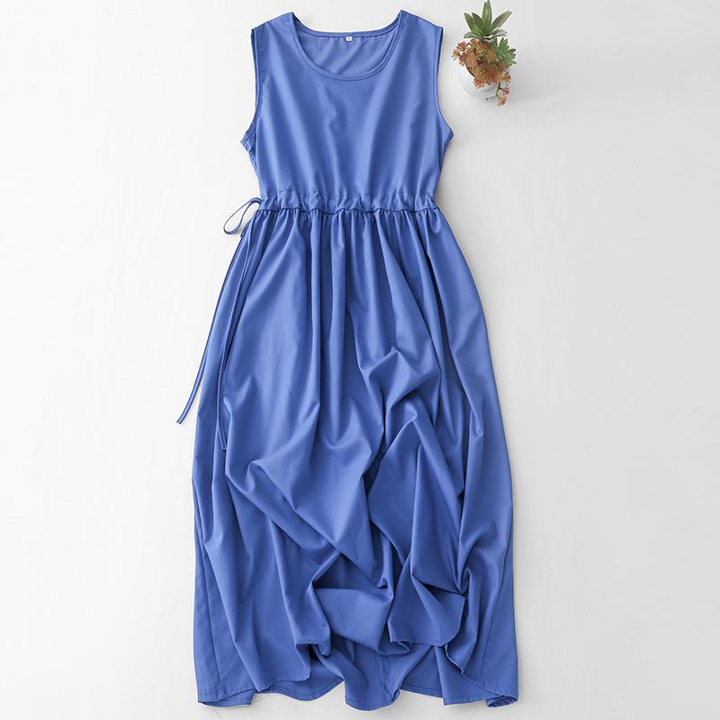 ワンピース レディース 無袖 Aライン 膝丈 ミモレ丈 チュニック 接触冷感 ゆったり 体型カバー ラウンドネック ドローストリング ポケ..