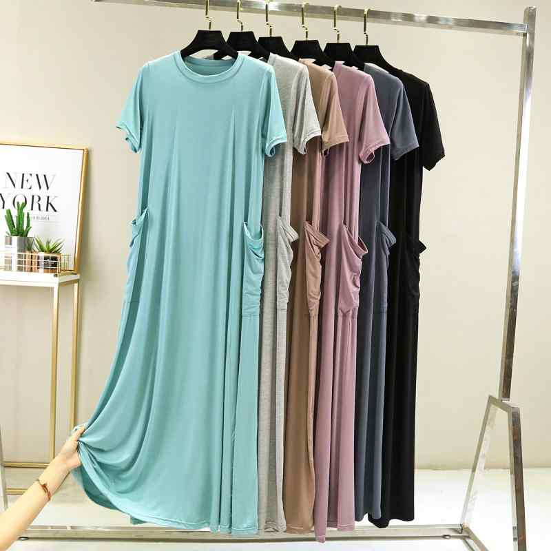 ワンピース レディース 半袖 Aライン ロング丈 モダール ゆったり 黒 ブラック カーキ 灰色 鉄灰色 高見え 無地 きれいめ 旅行 リゾー..