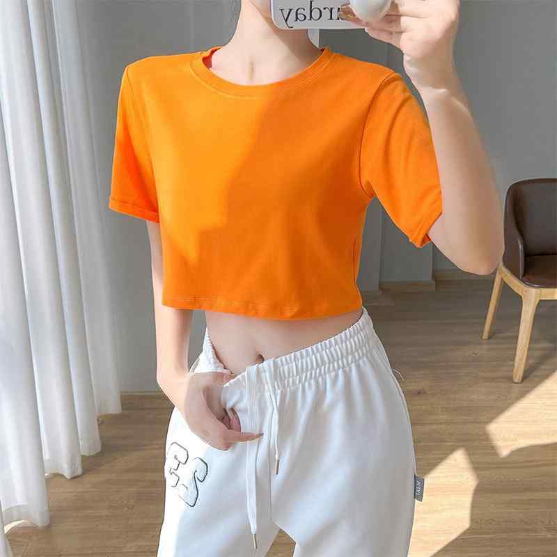 乐天商城 - Tシャツ レディース 半袖 ラウンドネック コットン トップス 春夏 無地 ゆったり かわいい ブラック ホワイト グレー オレンジ ピンク パープル ブルー S M L XL XXL