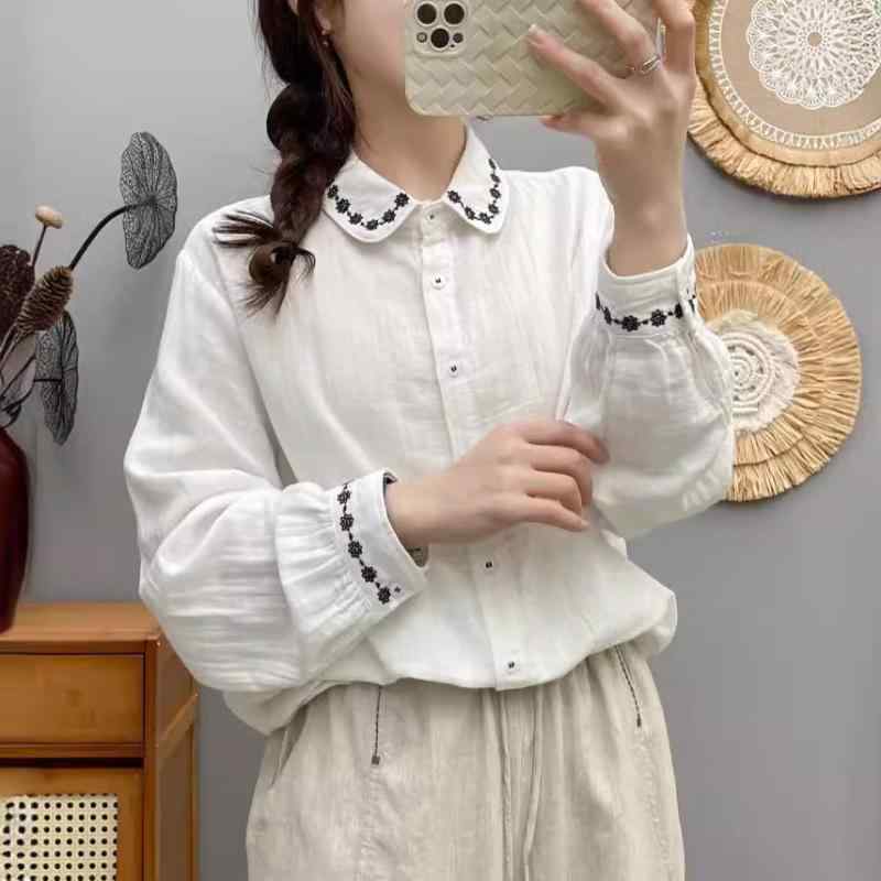 Other - シャツ レディース ダブルガーゼ コットン 刺繡 ブラウス 韓国風 ゆったり ラウンドネック トップス 長袖 清新 かわいい ホワイト ネイビー 学院風 快適 普段使い