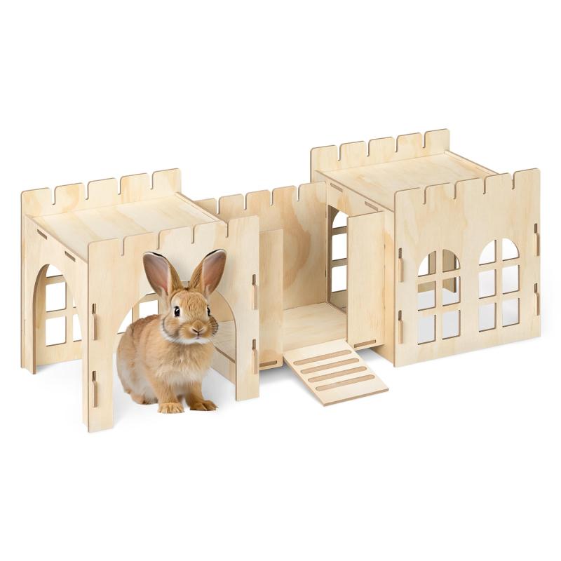 Navaris うさぎ用ハウス うさぎ おもちゃ ペットハウス - うさぎ 小屋 トンネル うさぎ小屋 ウサギ小屋 - 簡単組み立て 耐久性 69x24x25.5cm MDF 松の木
