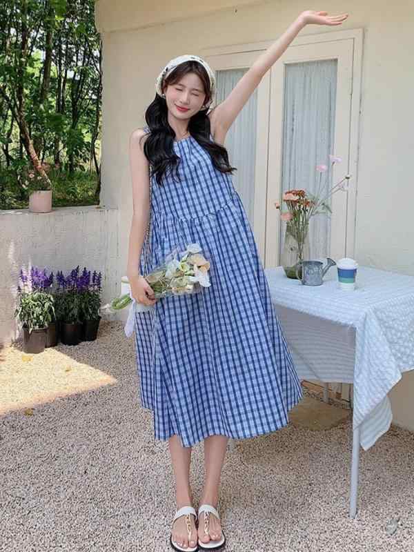 Rakuten - ワンピース レディース ブルー系 格子柄 ノースリーブ 膝丈 Aライン ゆったり 普段使い かわいい ポリエステル 涼しい 春夏