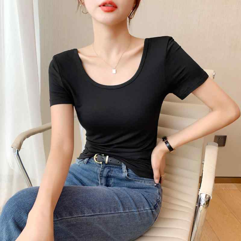 Tシャツ レディース 半袖 Uネック 白色 人棉 再生繊維 モダール カットソー スリムフィット トップス 通勤 きれいめ カジュアル
