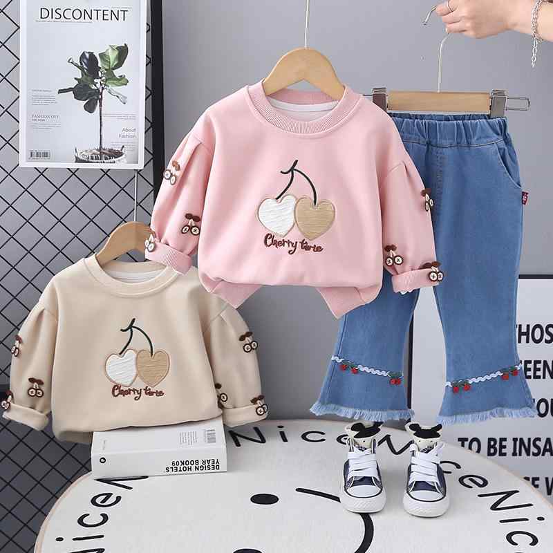 キッズ 長袖 トレーナー &amp; デニムパンツ セットアップ 春秋 かわいい 刺繡 details さくらんぼ ベビー服 女の子 上下セット 2点 綿80% ピンク系 ベージュ系