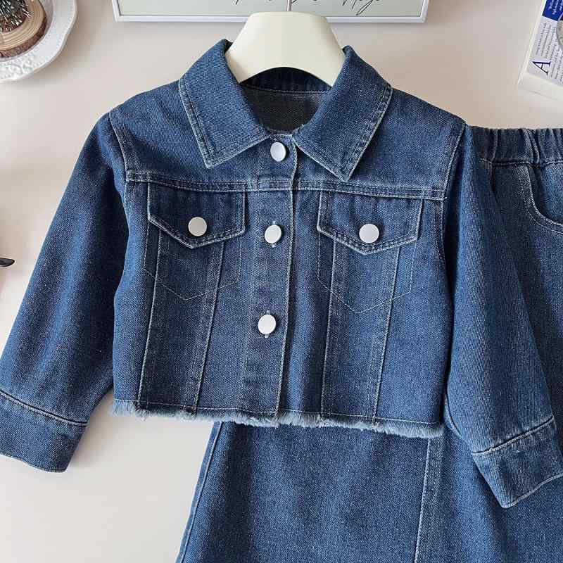 Coat - 子供服 女の子 デニムワンピース セットアップ 長袖トップス ギャザースカート 2点セット かわいい おしゃれ ガールズ カジュアル普段着