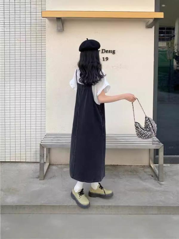 ワンピース レディース デニム ジャンパースカート 春秋 高腰 スリット Aライン 膝下丈 ミモレ丈 カジュアル かわいい 韓国ファッション