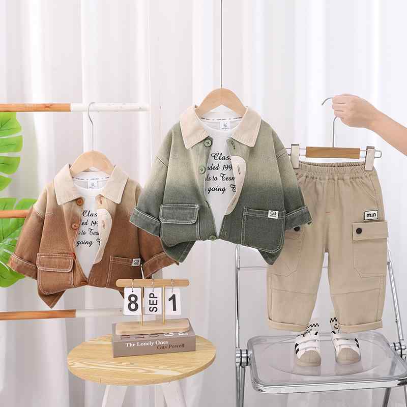 キッズ 子供用 パンツセットアップ 長袖 デニムジャケット ロングパンツ 2点セット 綿 春秋 80 90 100 110 120 ブラウン グリーン系