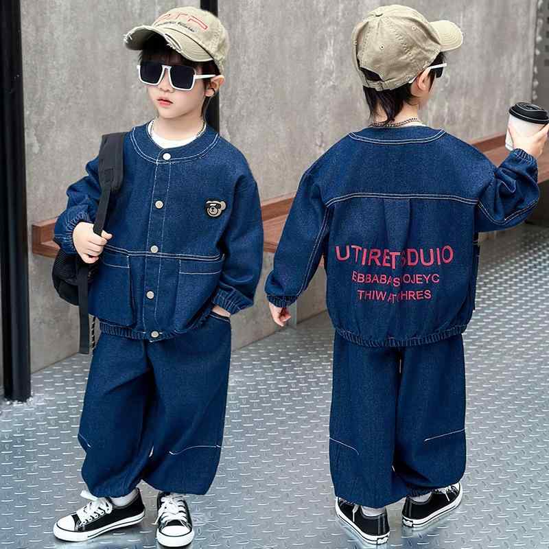 Coat - キッズ 春物 パンツセット 男の子 デニム ジャケット セットアップ 子供服 長袖 無地 コットン 2点セット 春秋