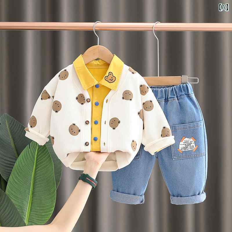 子供服 セットアップ ベビー服 上下セット 長袖シャツ デニムパンツ 3点セット かわいい カジュアル 男の子 女の子 幼児 1歳 2歳 3歳 春秋 ベージュ グリーン 綿90%(4.0)