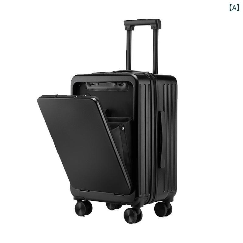 Suit Case - スーツケース 男女兼用 中型 20インチ PC素材 硬質 耐久性 ビジネス 旅行 キャリーケース 前開き ジッパー開閉 TSAロック 万向車輪 伸縮ハンドル 証件ポケット ノートPC収納 ポリエステル内張り 黒 ダークグレー 通勤 出張 軽量 耐衝撃