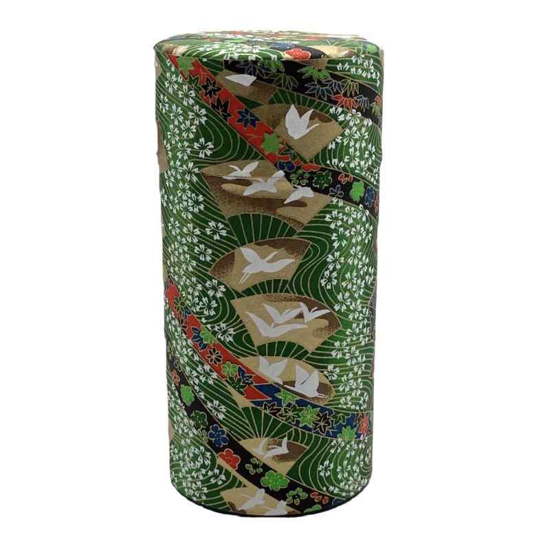 野口熊太郎茶園 茶筒 茶缶 大容量 200g 友禅和紙貼 中蓋付き 扇に鶴 緑 日本製 おしゃれ