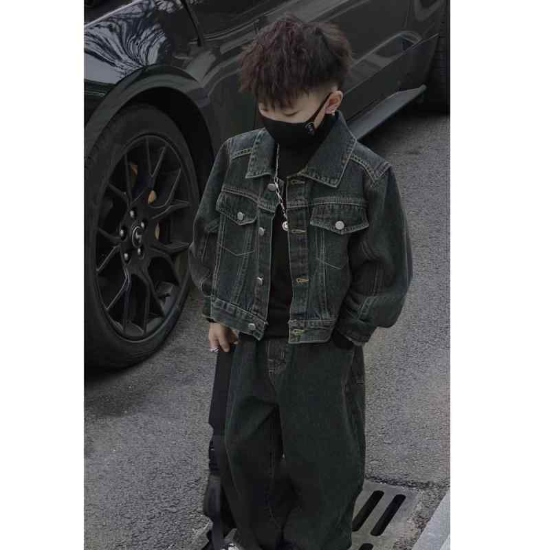 Coat - キッズ 男の子 デニム セットアップ コーデュロイ 春秋 長袖 上下セット ツーピース ゆったり かわいい おしゃれ 黒 グレー